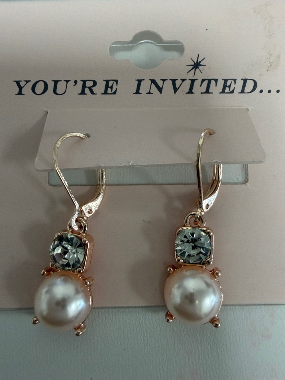 You're Invited Rose Gold Pearl and Crystal Drop Earrings